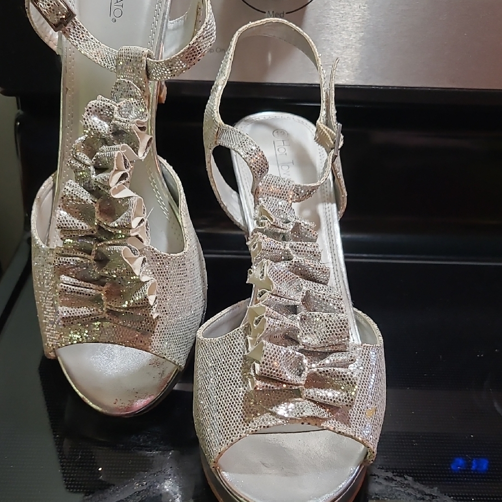 Hot Tomato Silver Glitter Heels with Ruffle Detail